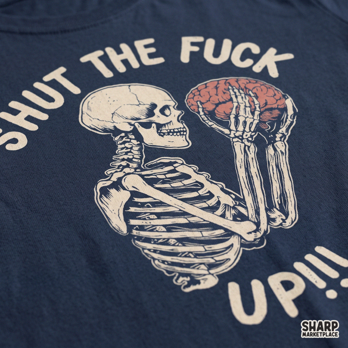 Funny sarcastic skeleton holding a brain PNG design for retro Halloween t-shirts and edgy dark humor sublimation
