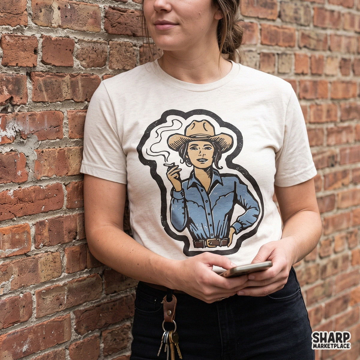 Vintage badass smoking cowgirl graphic design PNG for retro western t-shirts and country music apparel