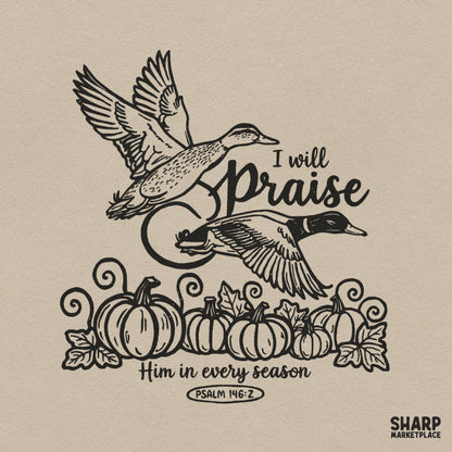 Christian fall harvest ducks and pumpkin PNG graphic with Psalm 146:2 bible verse for Thanksgiving t-shirts