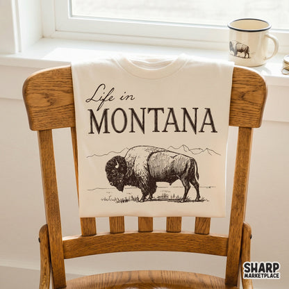 Vintage Montana bison graphic in a western retro style for cowboy sublimation shirts