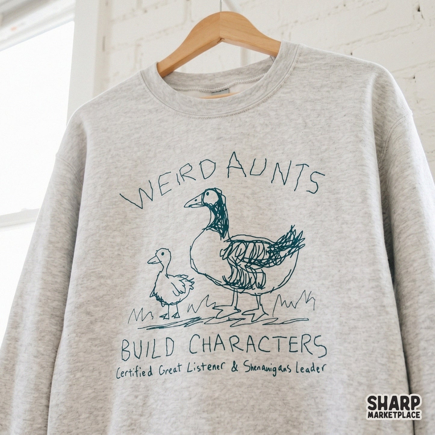 Quirky goose and duckling illustration in teal ink style with sarcastic aunt-themed text for custom stickers, tumblers, and DIY shirt projects.