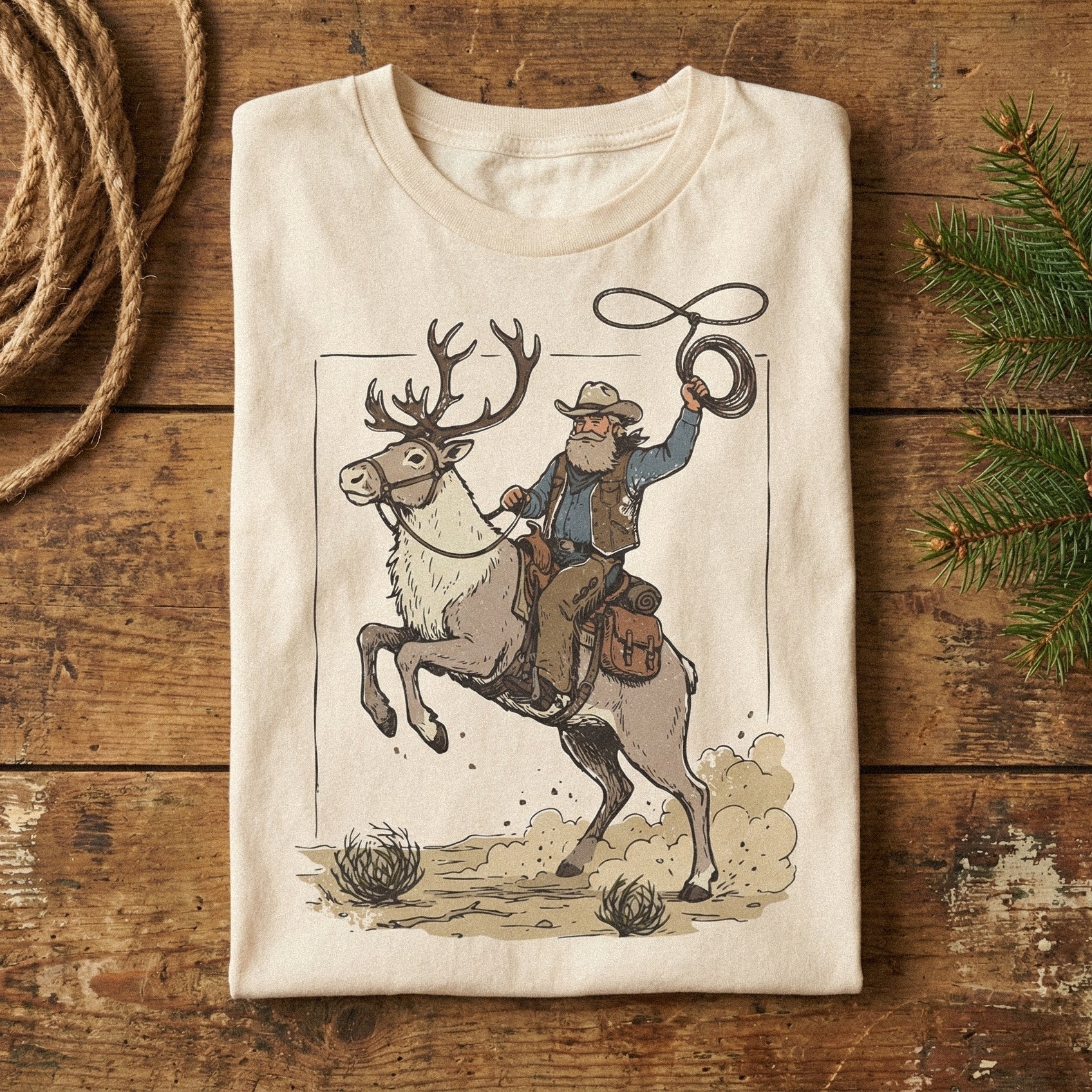 Cowboy Riding Reindeer PNG, Western Rodeo Art - 300 DPI Design for T-Shirt
