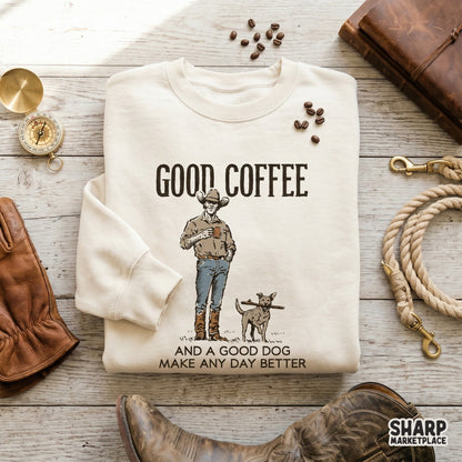 Hand-drawn western illustration of a cowboy and his dog with the phrase Good Coffee and a Good Dog Make Any Day Better, perfect for sublimation and DIY crafts.