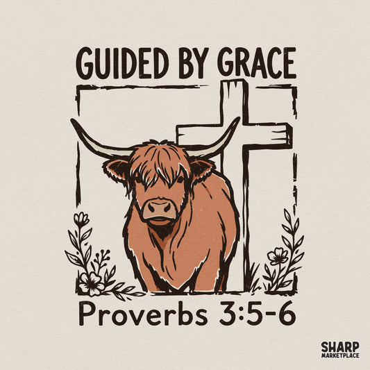 Hand-drawn highland cow and cross design with floral accents and the text Guided By Grace Proverbs 3:5-6 in a vintage, earthy color palette.