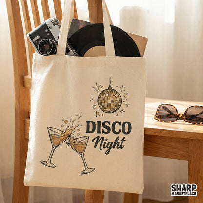 Digital download graphic showing a disco ball and cheering cocktail glasses with the text Disco Night, perfect for party-themed DIY crafts.