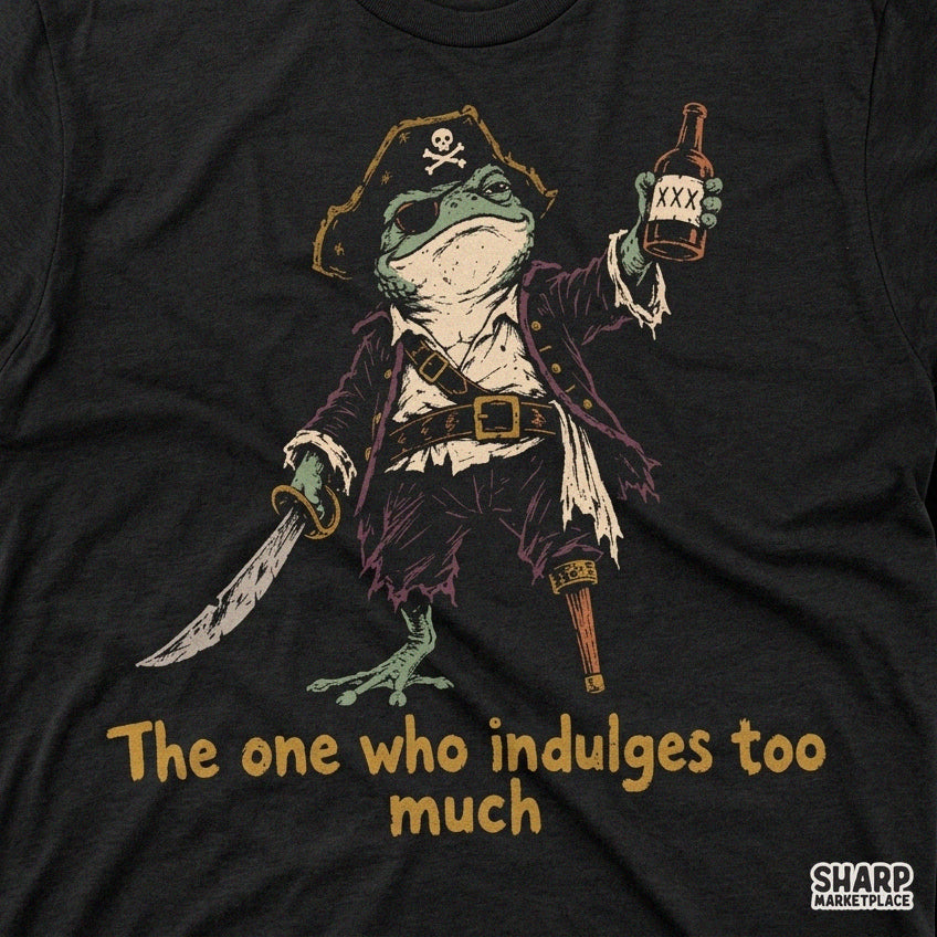 Funny pirate frog drinking rum retro illustration for summer cruise digital sublimation designs