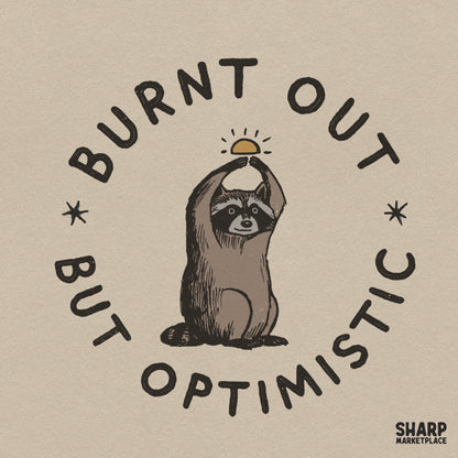 Burnt out but optimistic cute raccoon digital PNG design with rising sun for retro funny tshirt apparel prints