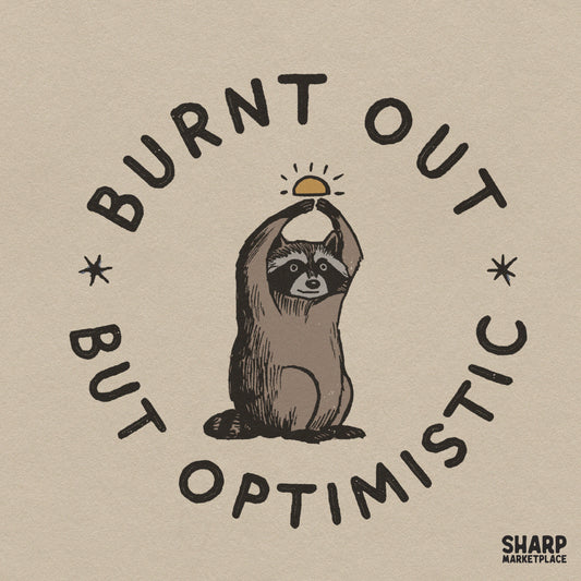 Burnt out but optimistic cute raccoon digital PNG design with rising sun for retro funny tshirt apparel prints