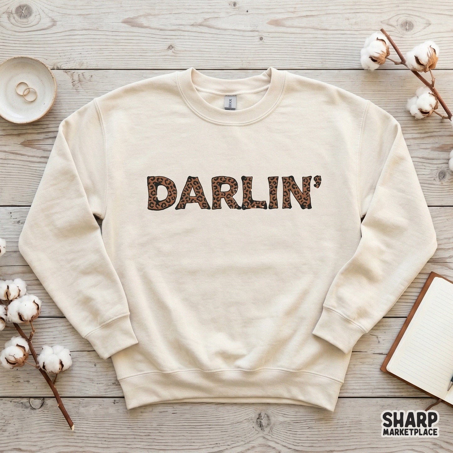 Western aesthetic Darlin typography with a leopard print fill, ideal for creating custom stickers, tumblers, and vintage style t-shirts.