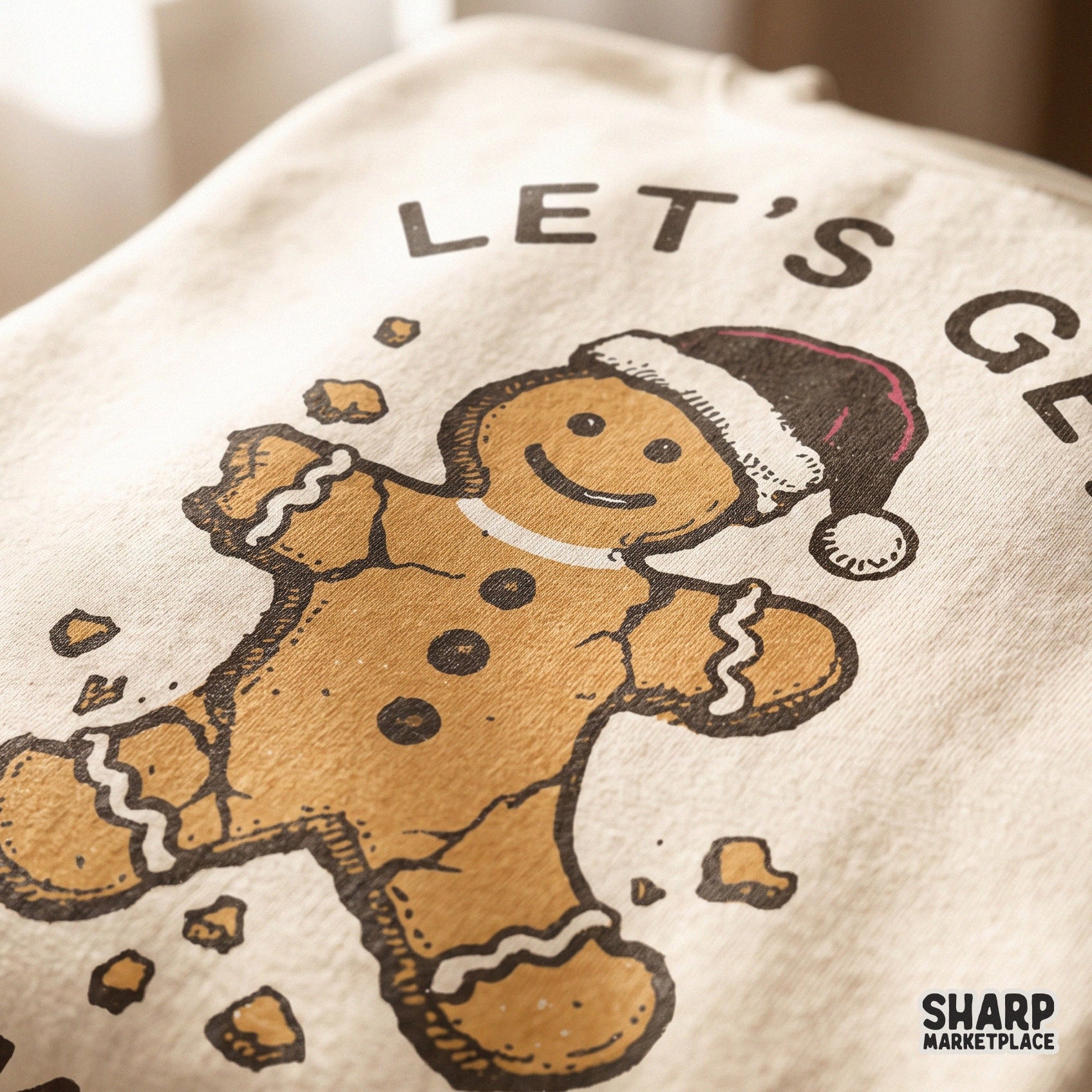Sarcastic broken gingerbread man wearing a Santa hat for retro Let's Get Baked PNG funny Christmas shirt sublimation