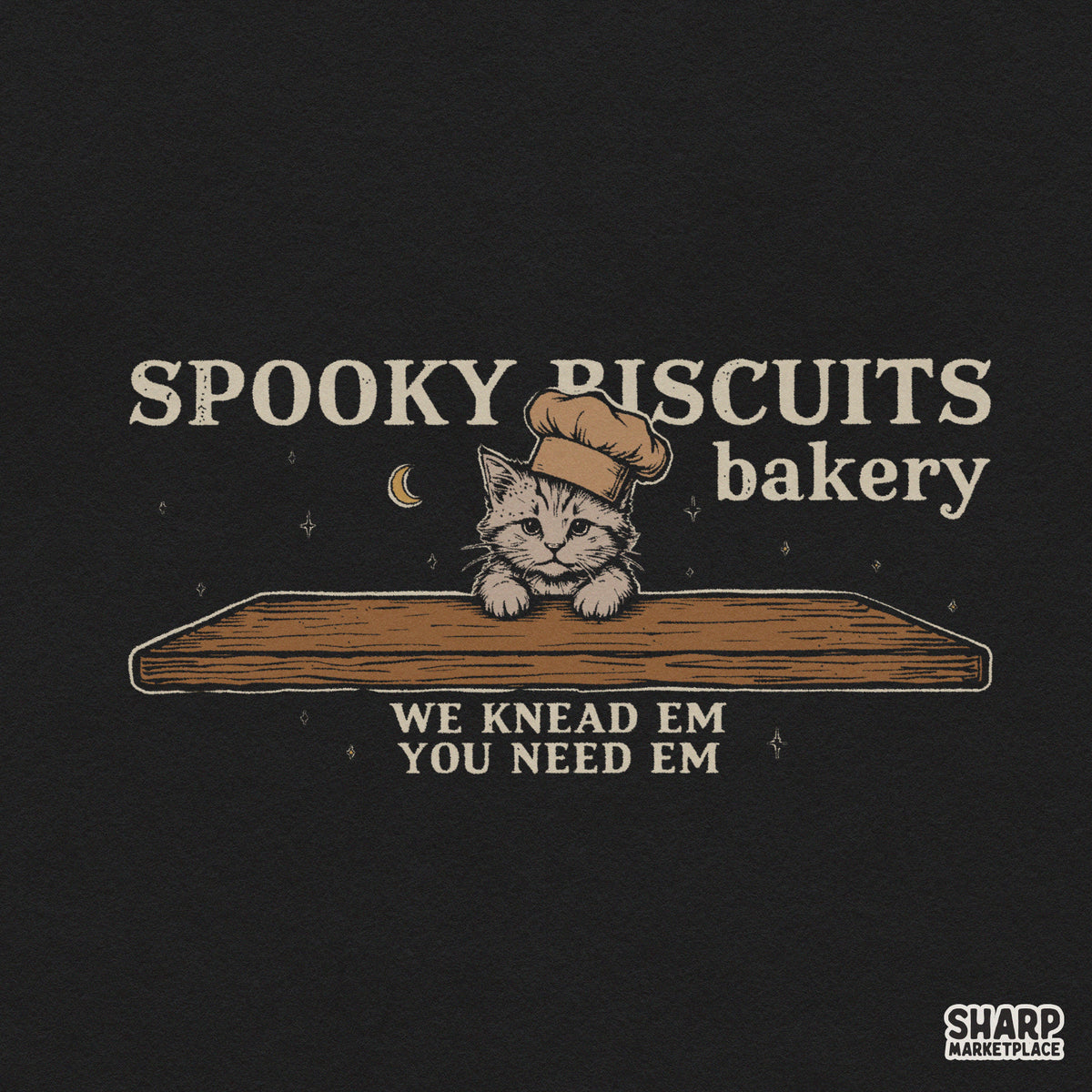 Funny chef cat baking spooky biscuits graphic design for Halloween apparel and fall PNG sublimation downloads