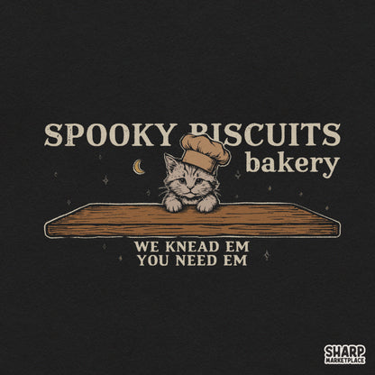 Funny chef cat baking spooky biscuits graphic design for Halloween apparel and fall PNG sublimation downloads