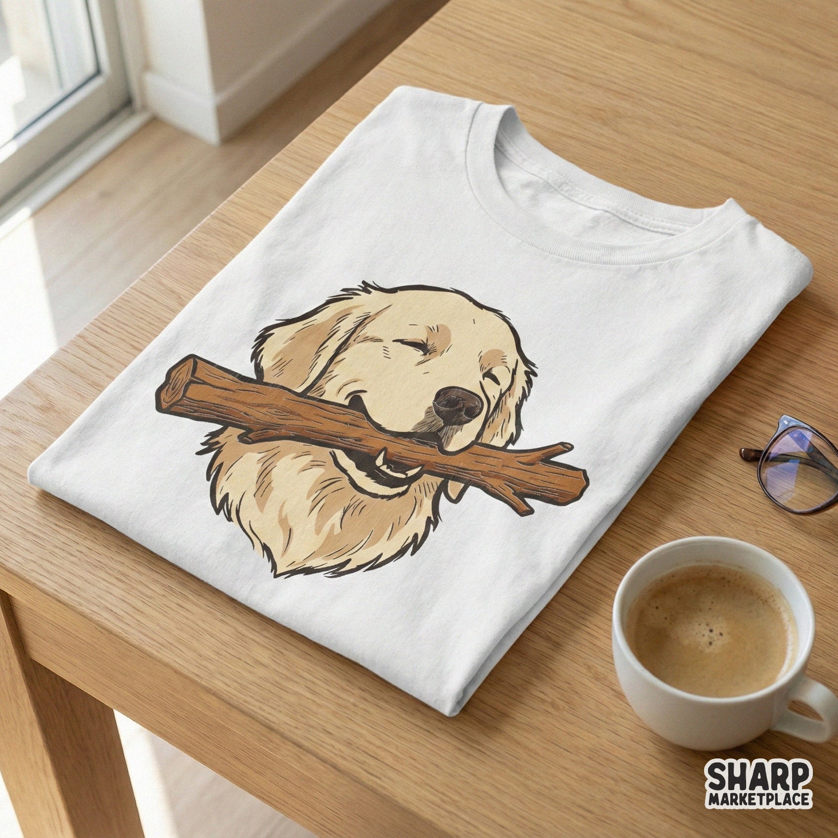 Golden Retriever With Stick PNG, Cute Dog Lover Shirt Design - 300 DPI