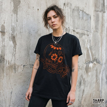 Vintage line art calavera with orange flowers Halloween PNG design for shirt and tumbler sublimation