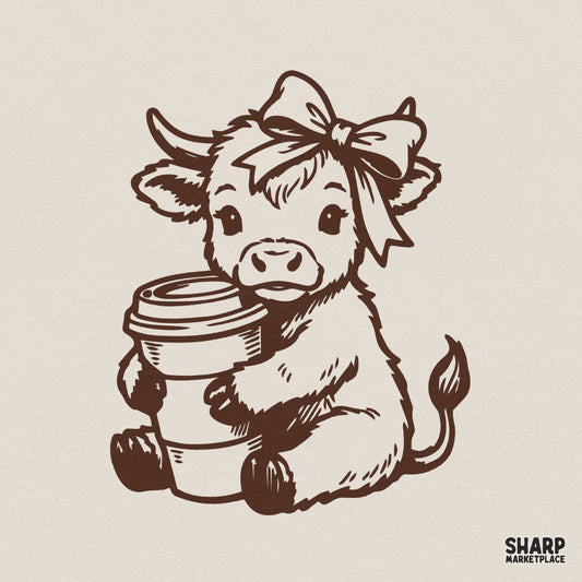 Cute baby Highland cow illustration holding a coffee cup, rendered in a monochromatic brown ink style with a sweet bow, perfect for sublimation.