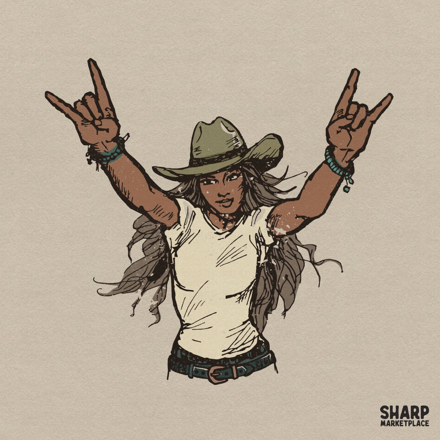 Hand-drawn illustration of a woman in a cowboy hat and white t-shirt making a rock and roll hand gesture, perfect for western apparel sublimation.