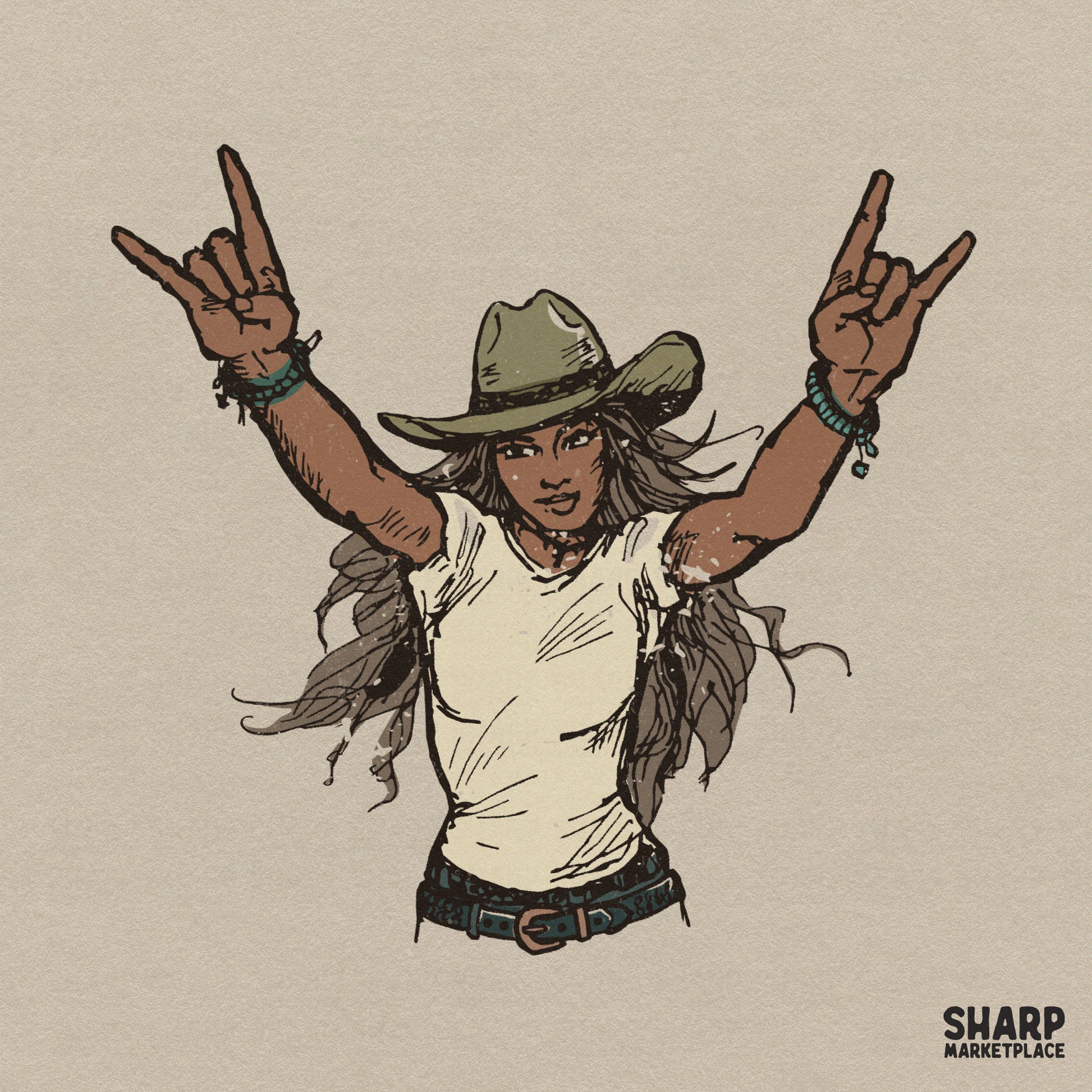 Hand-drawn illustration of a woman in a cowboy hat and white t-shirt making a rock and roll hand gesture, perfect for western apparel sublimation.