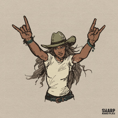 Hand-drawn illustration of a woman in a cowboy hat and white t-shirt making a rock and roll hand gesture, perfect for western apparel sublimation.