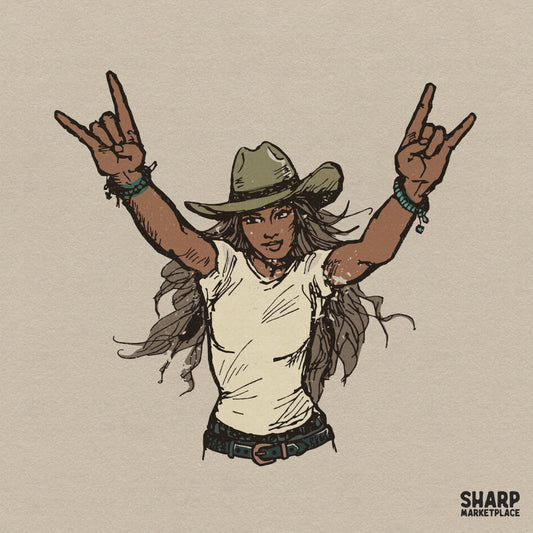 Hand-drawn illustration of a woman in a cowboy hat and white t-shirt making a rock and roll hand gesture, perfect for western apparel sublimation.