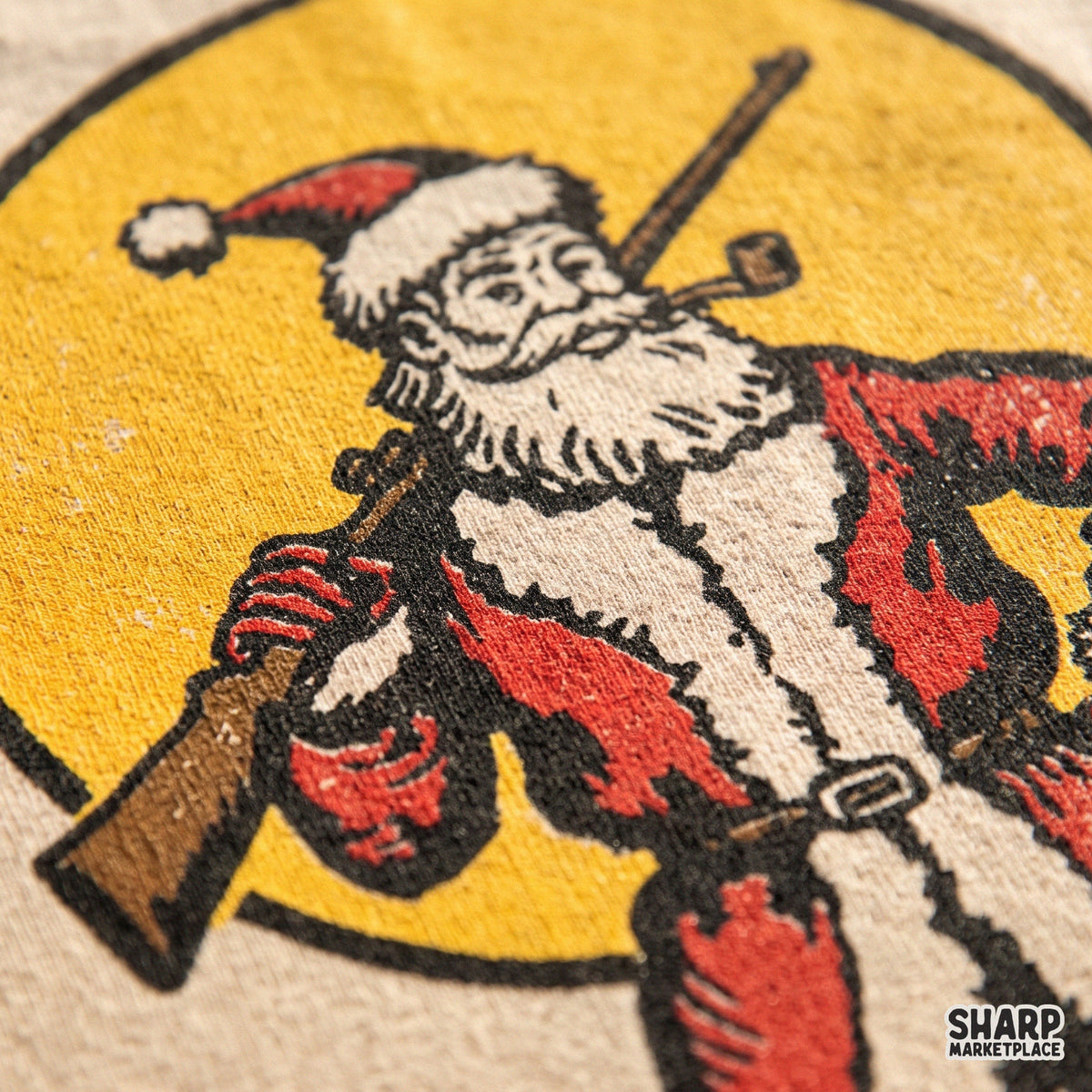 Vintage Santa Claus hunting with a rifle in a pine forest, retro Christmas PNG design for shirt sublimation