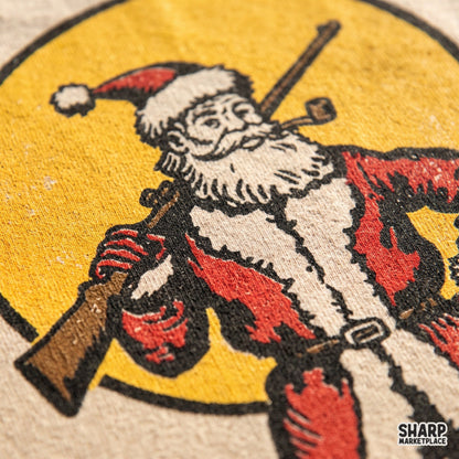Vintage Santa Claus hunting with a rifle in a pine forest, retro Christmas PNG design for shirt sublimation