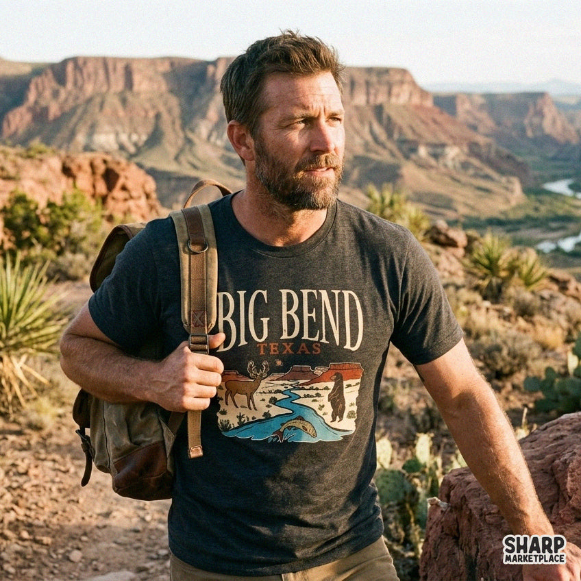 Retro Big Bend Texas desert scene PNG design featuring a bear, deer, and fish for vintage nature lovers