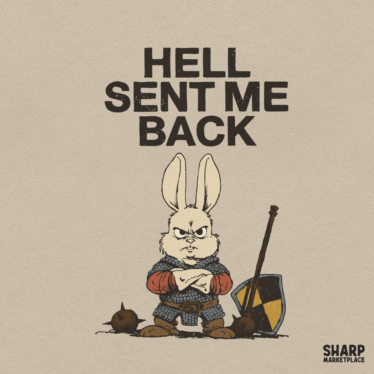 Angry knight bunny armor art in a retro funny sarcastic PNG design for dark humor shirts and print on demand apparel