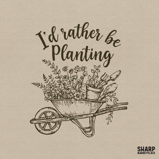 Monochromatic hand-drawn illustration of a wheelbarrow filled with spring flowers and garden tools with the text I'd rather be planting.