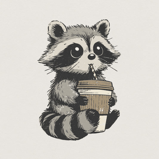 Cute Raccoon PNG Holding Coffee Cup, Digital Download Animal Art - 300