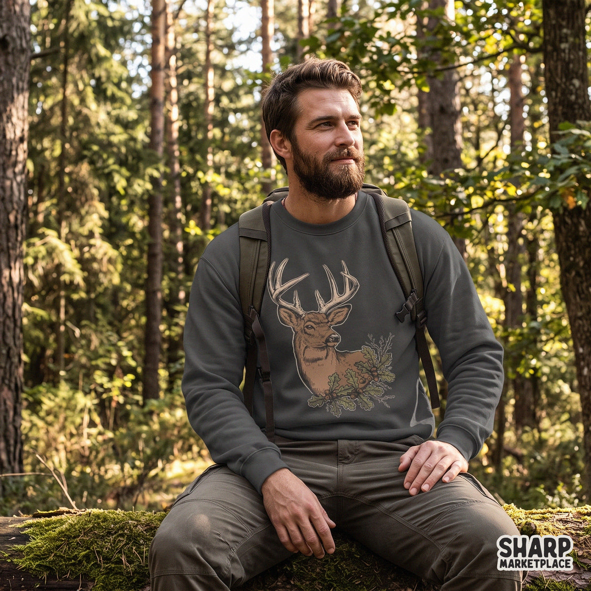 Vintage buck deer head with oak leaves and acorns fall sublimation design for hunting t-shirts