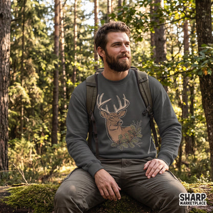 Vintage buck deer head with oak leaves and acorns fall sublimation design for hunting t-shirts