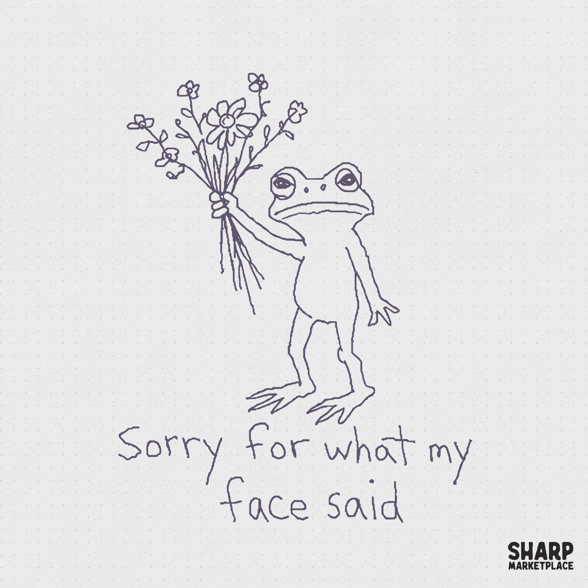 Hand-drawn line art of a grumpy frog holding a bouquet of flowers with the text Sorry for what my face said, perfect for funny apparel designs.