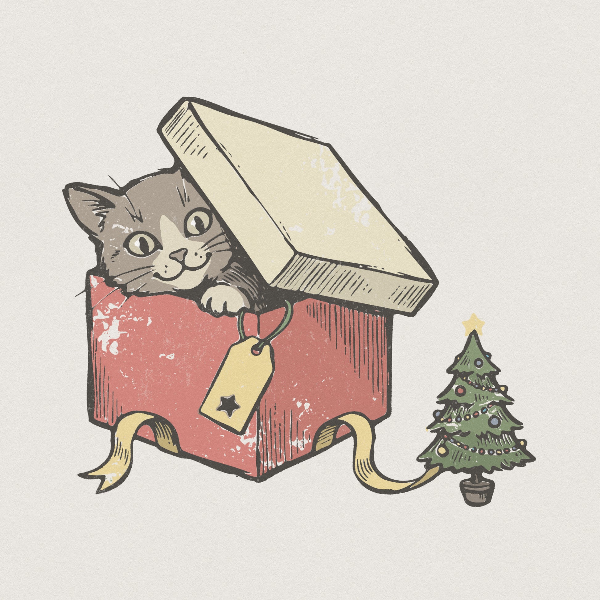 Cat In Gift Box PNG, Christmas Tree Art - 300 DPI Design for T-Shirt