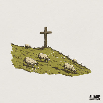 Hand-drawn illustration of a wooden cross on a grassy hillside with grazing sheep, featuring a vintage woodcut style in muted olive and earth tones.
