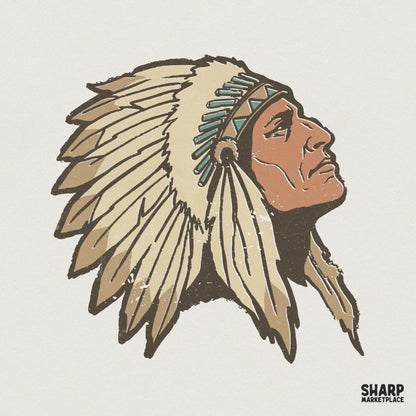 Vintage style Native American chief profile illustration with a detailed feathered headdress, rendered in muted tan, cream, and teal tones.