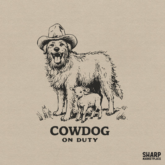 Hand-drawn black ink sketch of a smiling dog in a cowboy hat standing over a lamb with the text Cowdog On Duty for western apparel designs.