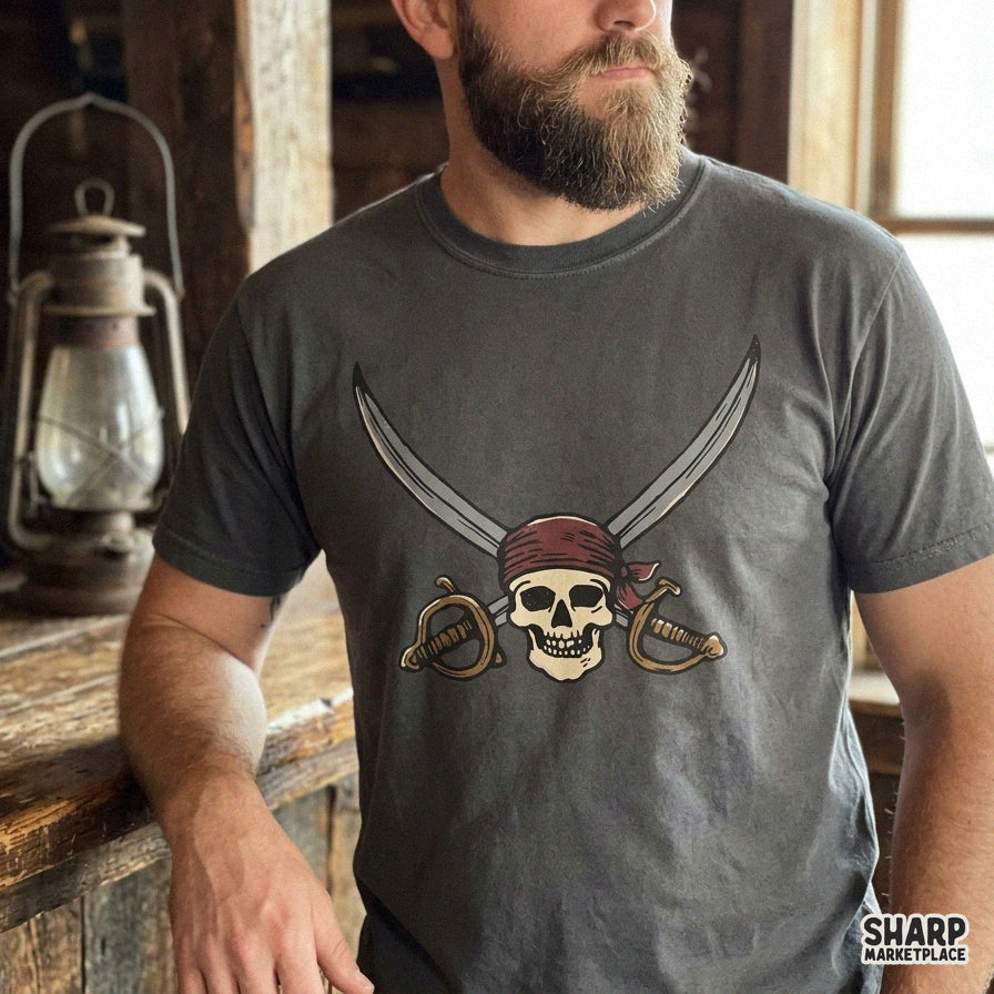 Retro pirate captain skull with crossed cutlasses PNG sublimation design for Halloween shirts and apparel