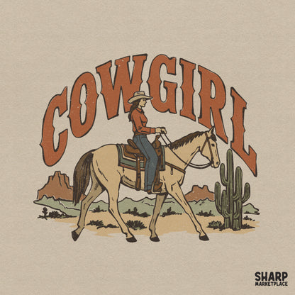 Retro western cowgirl design featuring a woman riding a horse in a desert landscape with a cactus, arched burnt-orange typography, and vintage colors.