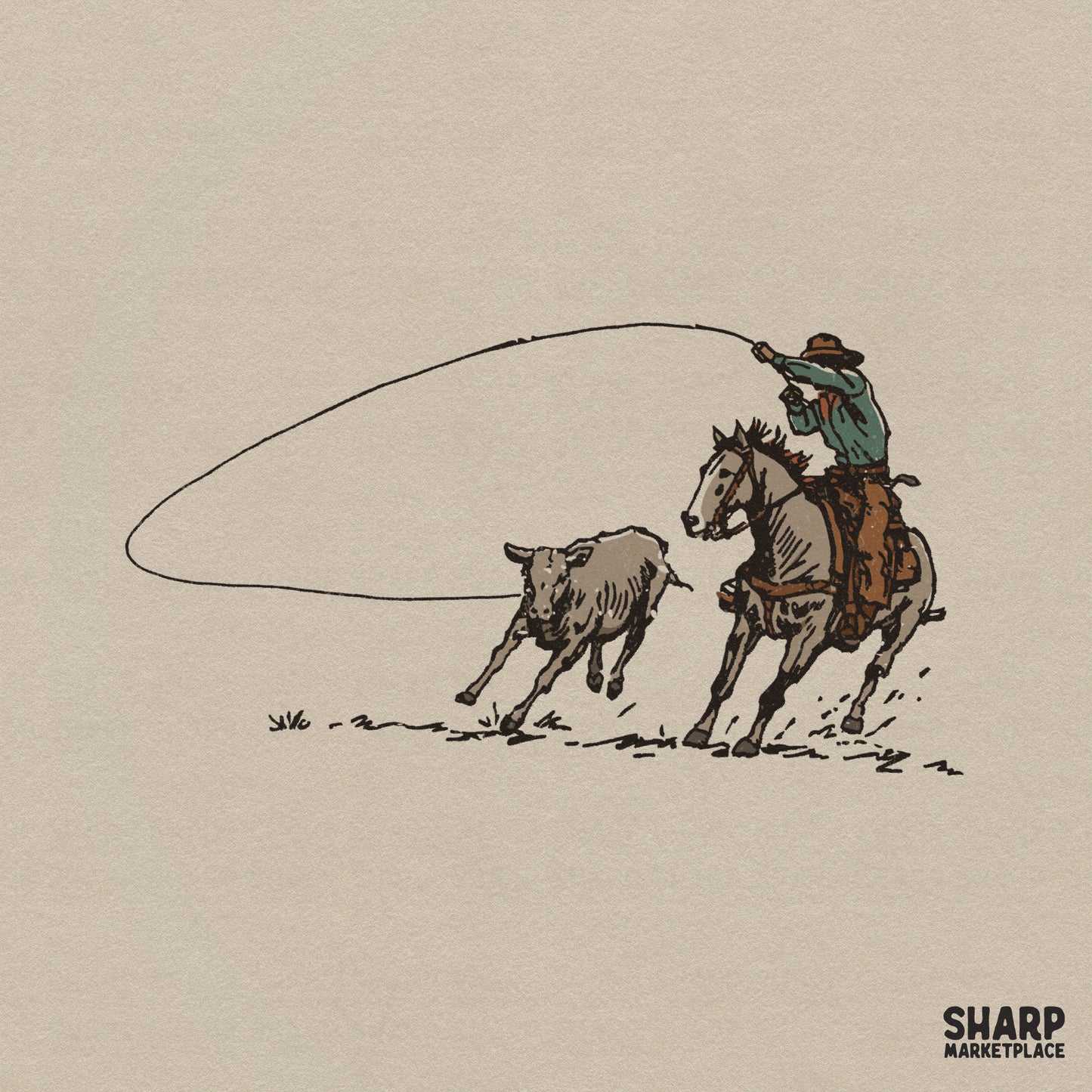 Vintage western illustration of a cowboy on horseback lassoing a calf, featuring earthy tones and a textured style for apparel and sublimation printing.