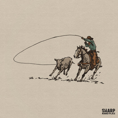 Vintage western illustration of a cowboy on horseback lassoing a calf, featuring earthy tones and a textured style for apparel and sublimation printing.