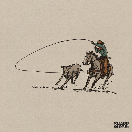 Vintage western illustration of a cowboy on horseback lassoing a calf, featuring earthy tones and a textured style for apparel and sublimation printing.