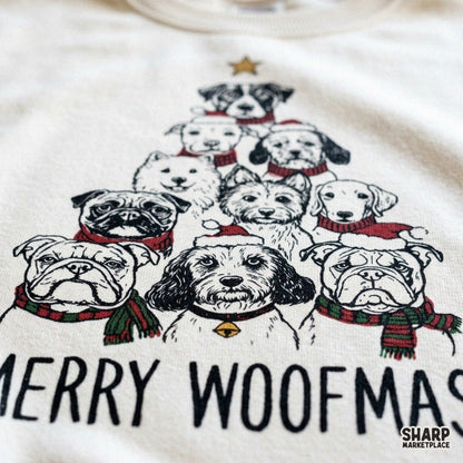 Merry Woofmas Christmas tree PNG sublimation design for dog lovers, perfect for holiday t-shirts and apparel