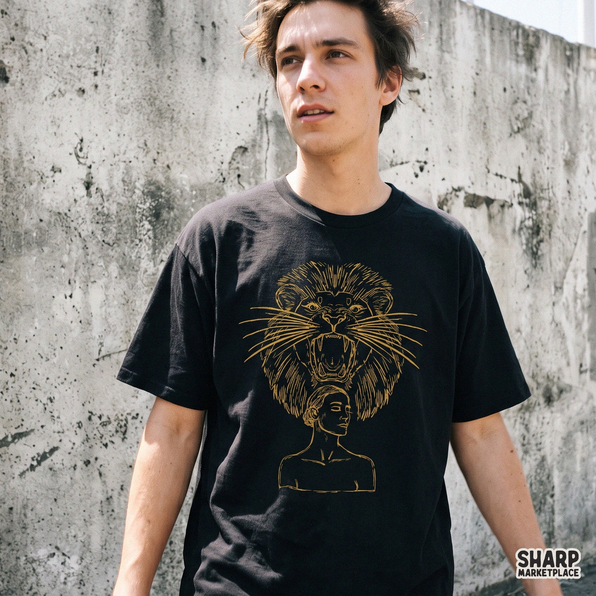 Roaring Lion Mane Crowned Woman Gold Line Art, Trendy PNG