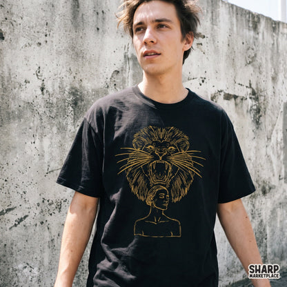 Roaring Lion Mane Crowned Woman Gold Line Art, Trendy PNG