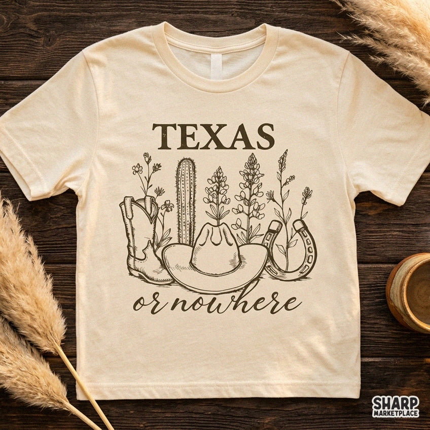 Vintage Texas Or Nowhere western PNG graphic tee design featuring retro cowgirl desert art for sublimation shirts