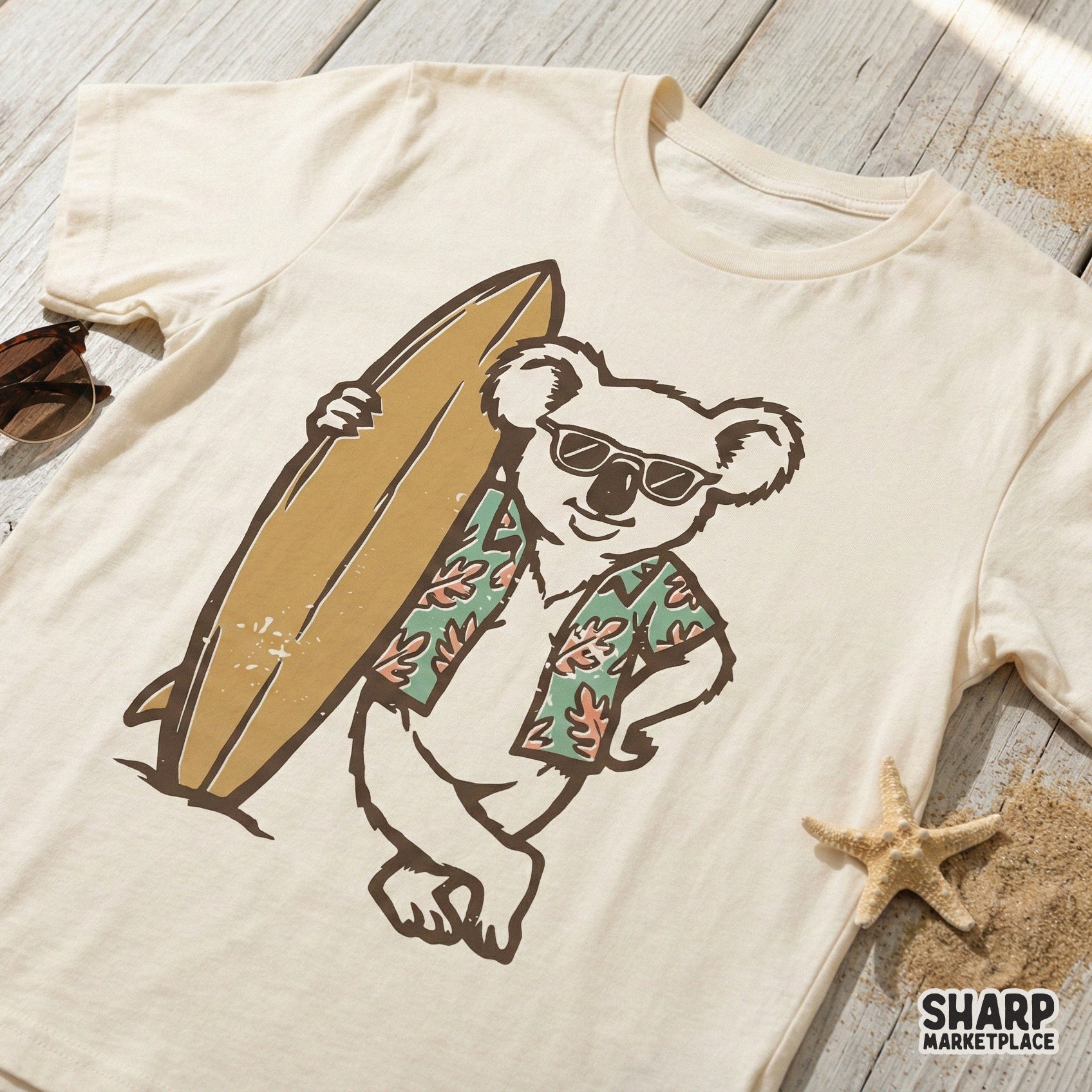 Retro Surfer Koala PNG, Beach Animal T-Shirt Design - 300 DPI Design for