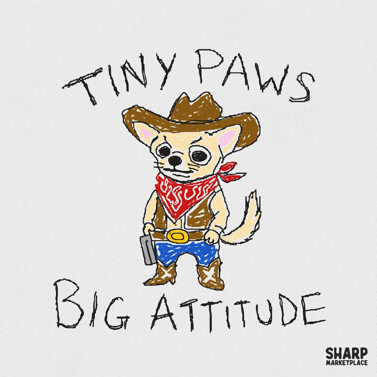 Hand-drawn style digital design of a feisty chihuahua wearing a cowboy hat, vest, and red bandana, with the text Tiny Paws Big Attitude.