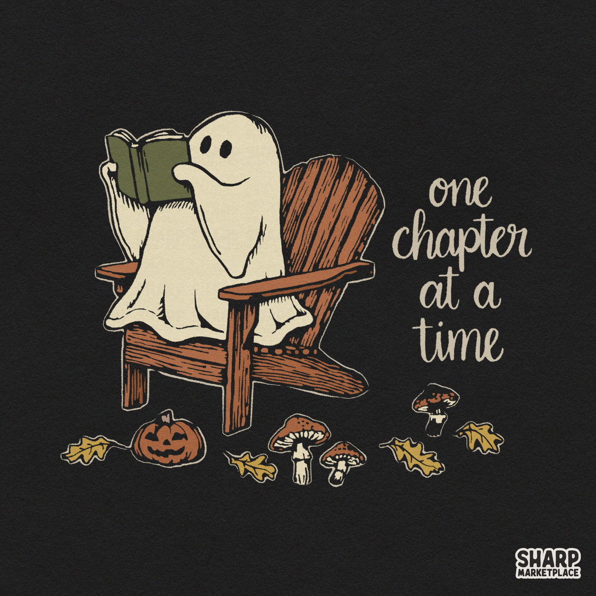 Cute ghost reading a book retro graphic for fall cozy reader t-shirts and spooky season PNG downloads