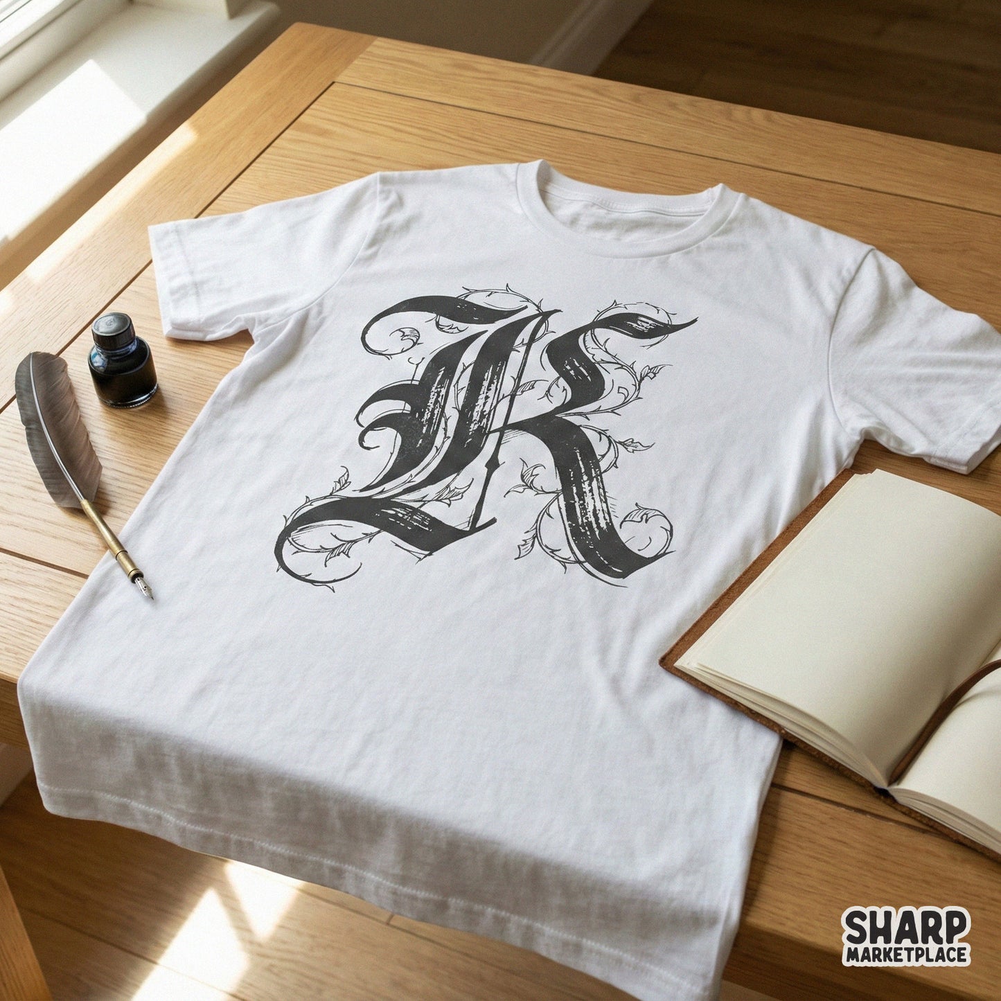 K Gothic Letter Floral Monogram, Vintage Ornate Initial Art - 300 DPI