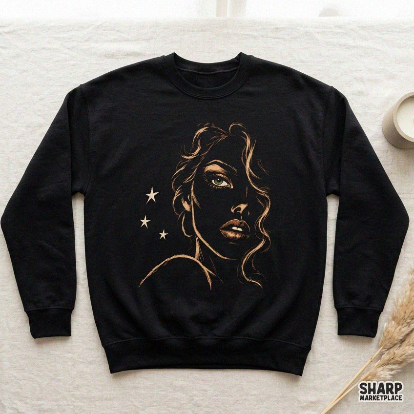 Elegant golden line art portrait of a woman with stars for retro t-shirt designs and custom prints